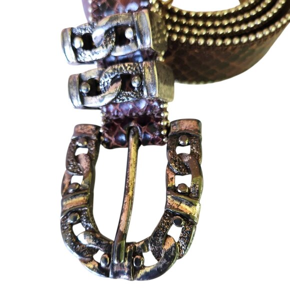 Streets Ahead Snake Embossed Leather Belt Metallic Chain Detail Ornate Buckle Md - Picture 5 of 10